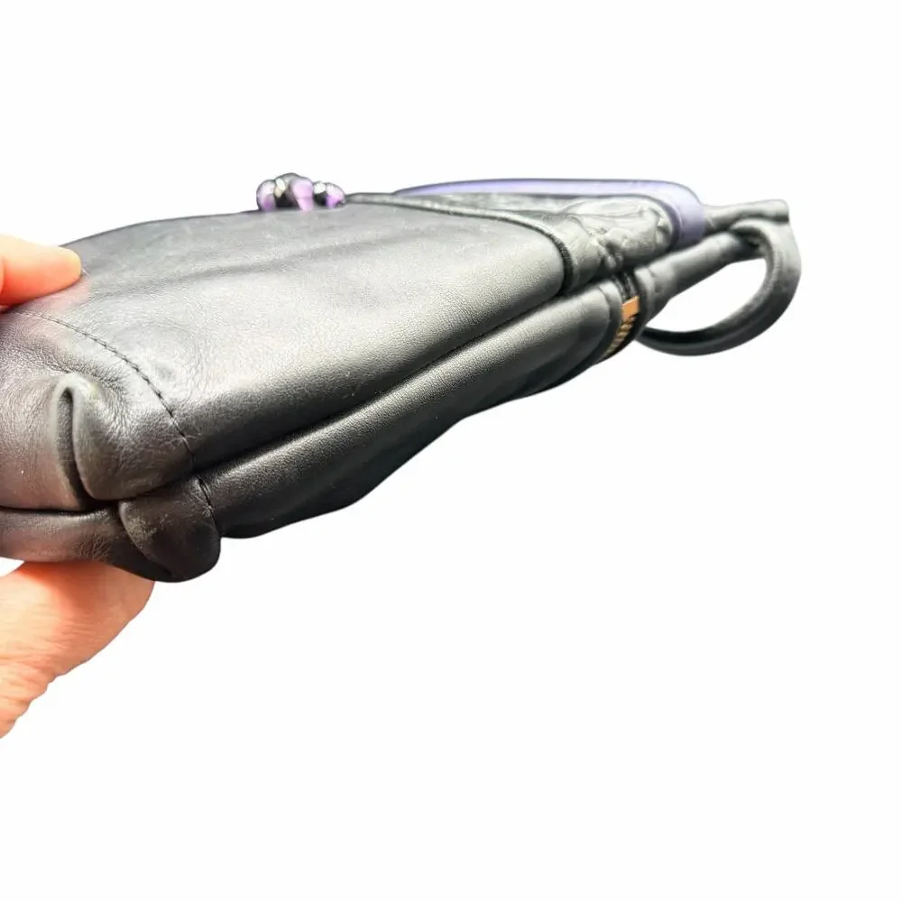 Handmade Black Leather Crossbody Bag Purple Beaded Accent